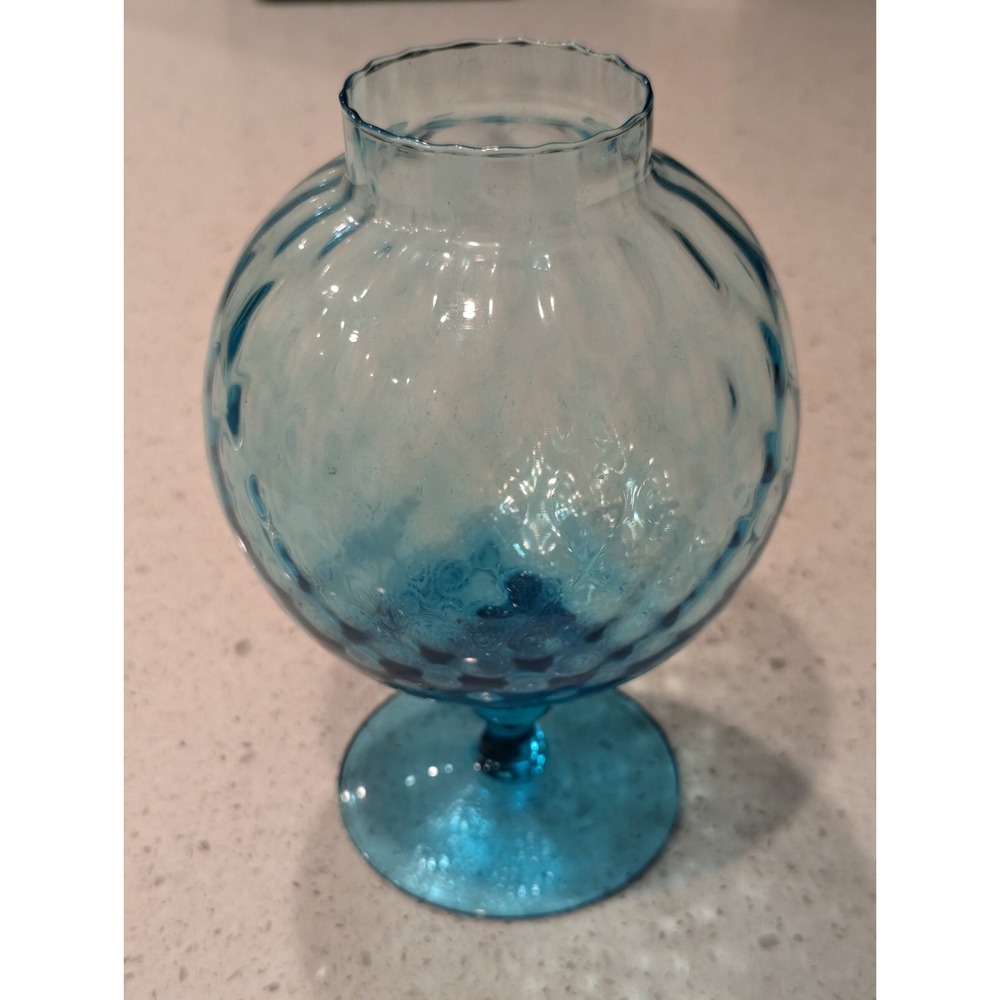 Vintage‎ Empoli Italian MCM Glass Wave Edge Pedestal Vase Jar Blue Diamond Optic